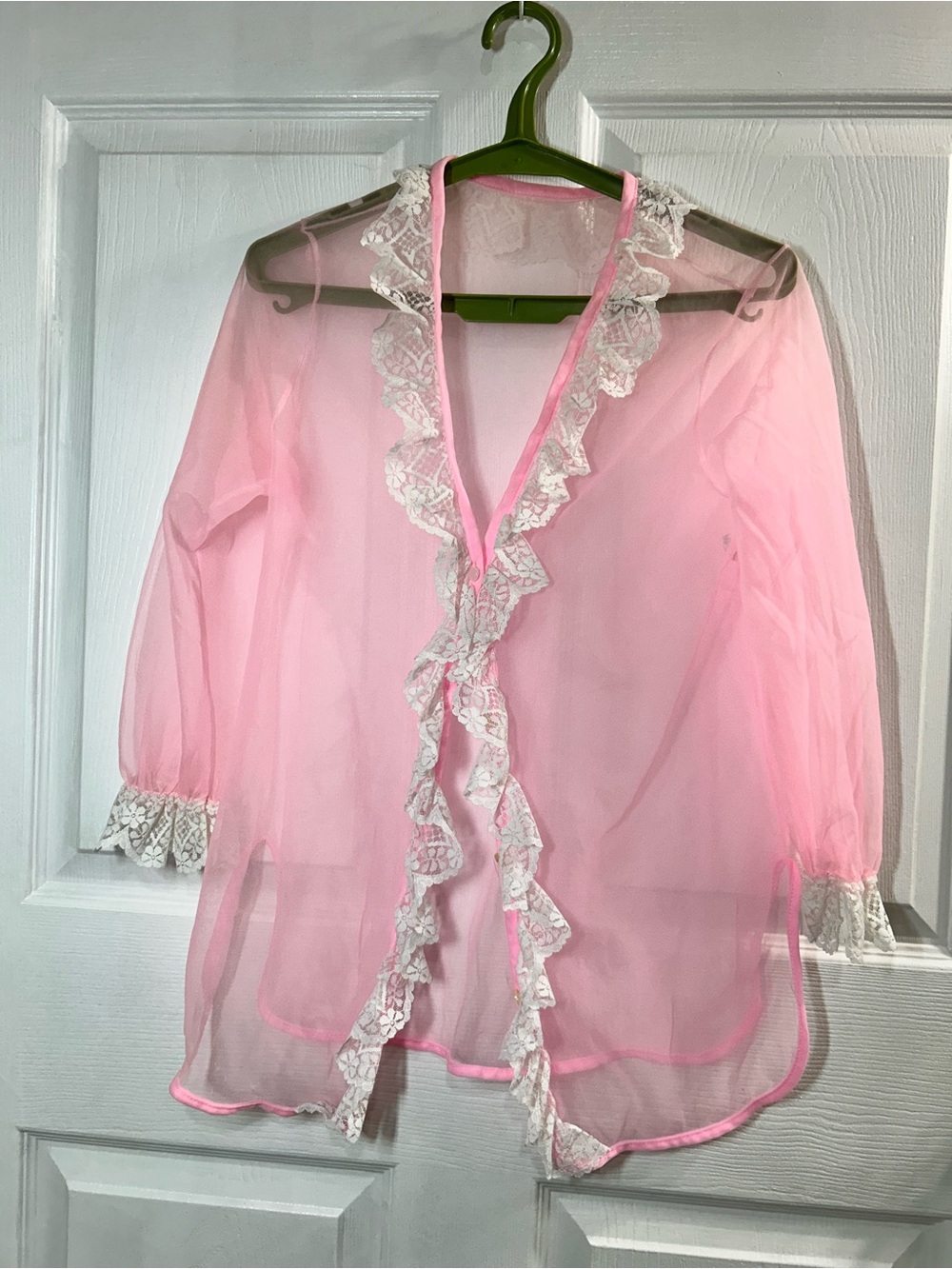 Vintage Pink Sheer Bed Jacket Peignoir White Lace Ruffle Lingerie
